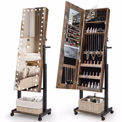 Standing Jewelry Cabinet Lockable Jewelry Armoire Organizer w/ Wheels