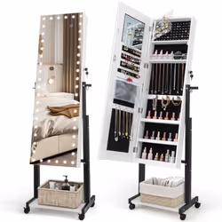 Standing Jewelry Cabinet Lockable Jewelry Armoire Organizer-White