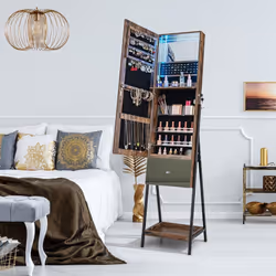 Jewelry Cabinet Armoire Lockable Standing Jewelry Organizer-Coffee