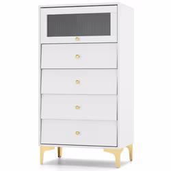 4 Drawer Dresser Modern Storage Cabinet w/ Flip Up Fluted Glass Door