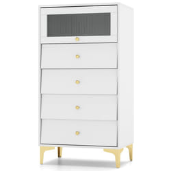 4 Drawer Dresser Modern Storage Cabinet w/ Flip Up Fluted Glass Door