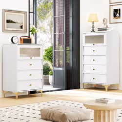 4 Drawer Dresser Modern Storage Cabinet w/ Flip Up Fluted Glass Door