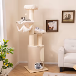 187 cm Tall Wooden Cat Tower Tree With 2-Story Cat Condo & Hammocks