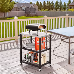 3-tier Outdoor Grill Cart on Wheels Pizza Oven Stand Trolley Stainless Steel Top