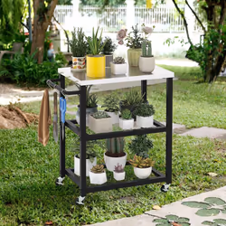 3-tier Outdoor Grill Cart on Wheels Pizza Oven Stand Trolley Stainless Steel Top