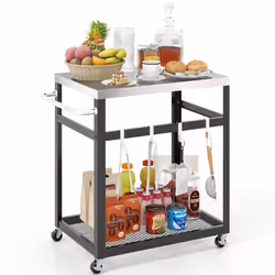 2-tier Outdoor Grill Cart on Wheels Pizza Oven Stand Trolley Stainless Steel Top
