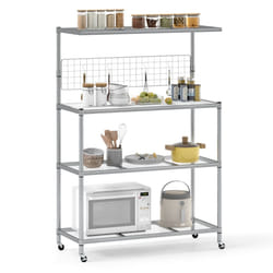 Bakers Rack on Wheels 4-Tier Coffee Bar Table With Shelves-Silver