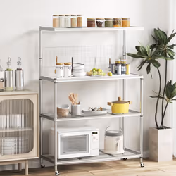Bakers Rack on Wheels 4-Tier Coffee Bar Table With Shelves-Silver