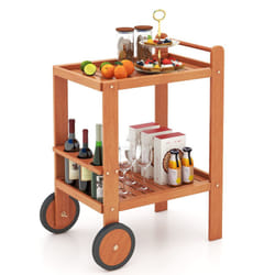Wood Bar Cart 2 Tier Rolling Serving Cart With Wine Bottle Holders
