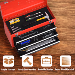 Portable Steel Tool Box Toolbox With 3 Drawers & Top Tray-Red+Black