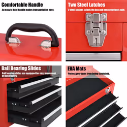Portable Steel Tool Box Toolbox With 3 Drawers & Top Tray-Red+Black