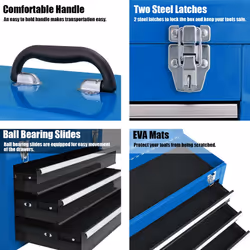 Portable Steel Tool Box Toolbox With 3 Drawers & Top Tray-Blue