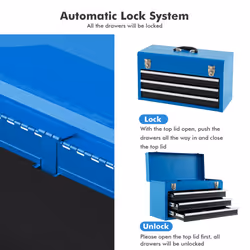 Portable Steel Tool Box Toolbox With 3 Drawers & Top Tray-Blue