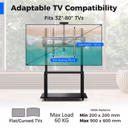 Mobile TV Stand Rolling TV Cart Adjustable Media Console Cart