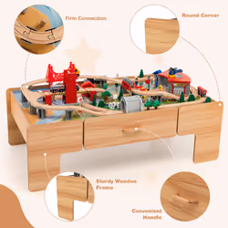 100Piece Train Set Table Multipurpose Wooden Kids Activity Table-Natural