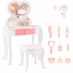 Kids Vanity Set Pretend Makeup Table & Chair Set With Heart-shaped Mirror
