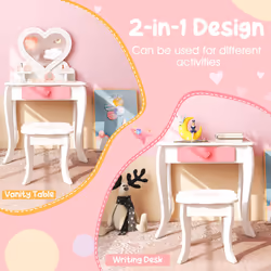Kids Vanity Set Pretend Makeup Table & Chair Set With Heart-shaped Mirror