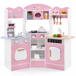 Corner Wooden Play Kitchen Toddler Kitchen Playset With Sounds-Pink