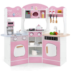 Corner Wooden Play Kitchen Toddler Kitchen Playset With Sounds-Pink
