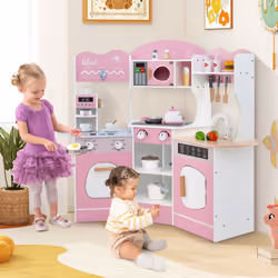 Corner Wooden Play Kitchen Toddler Kitchen Playset With Sounds-Pink