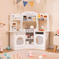 Corner Wooden Play Kitchen Toddler Kitchen Playset With Sounds-White