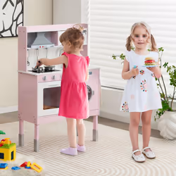 Pretend Play Kitchen Toy Kitchen Playset With Range Hood-Pink