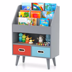 Kids Bookshelf Wooden Children's Book Display Rack 3-Tier shelves-Grey