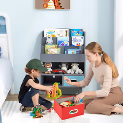 Kids Bookshelf Wooden Children's Book Display Rack 3-Tier shelves-Grey