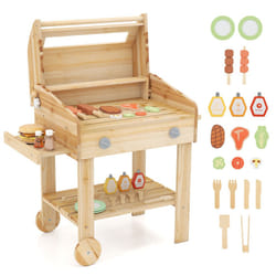 Wooden Barbecue Grill Toy Set Kids BBQ Grill Playset With Play Food Khaki