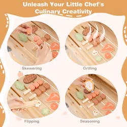 Wooden Barbecue Grill Toy Set Kids BBQ Grill Playset With Play Food Khaki