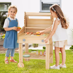 Wooden Barbecue Grill Toy Set Kids BBQ Grill Playset With Play Food Khaki