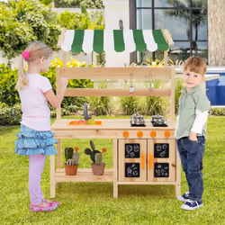 Kids Mud Kitchen Outdoor Wooden Pretend Play Kitchen With 4 Stoves