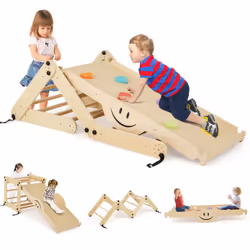 Climbing Set Foldable Wooden Climber Toys With Reversible Ramp Natural