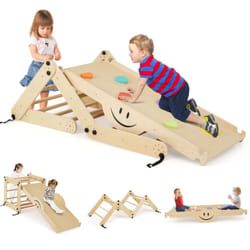 Climbing Set Foldable Wooden Climber Toys With Reversible Ramp Natural