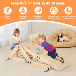Climbing Set Foldable Wooden Climber Toys With Reversible Ramp Natural