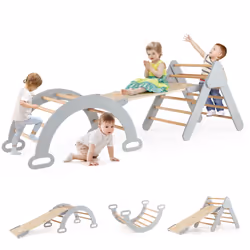 3-In-1 Kids Climbing Triangle Set Wooden Triangle Climber Set-Grey
