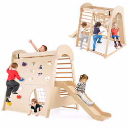 Coswtay 8-in-1 Indoor Jungle Gym Wooden Playground With Climbing Wall-Natural