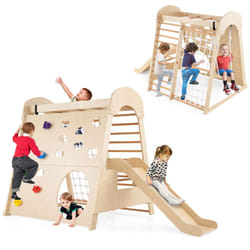 Coswtay 8-in-1 Indoor Jungle Gym Wooden Playground With Climbing Wall-Natural