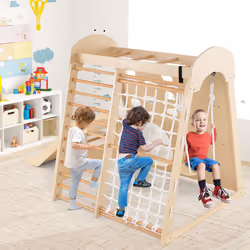 Coswtay 8-in-1 Indoor Jungle Gym Wooden Playground With Climbing Wall-Natural