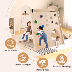 Coswtay 8-in-1 Indoor Jungle Gym Wooden Playground With Climbing Wall-Natural