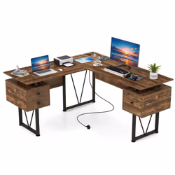 L-shaped Computer Desk 150 CM Corner Desk With Power Outlets-Coffee