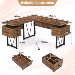 L-shaped Computer Desk 150 CM Corner Desk With Power Outlets-Coffee