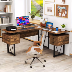 L-shaped Computer Desk 150 CM Corner Desk With Power Outlets-Coffee