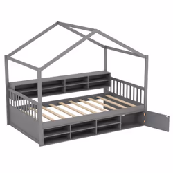 Single Size House Bed Wooden Platform Bed Frame With Roof-Grey