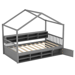 Single Size House Bed Wooden Platform Bed Frame With Roof-Grey