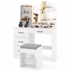 Makeup Vanity Desk Dressing Table and Stool Set With Charging Station
