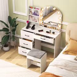 Makeup Vanity Desk Dressing Table and Stool Set With Charging Station