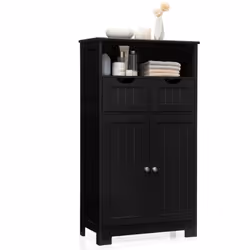 Bathroom Floor Cabinet Wooden Storage Cupboard With Adjustable Shelf & Doors