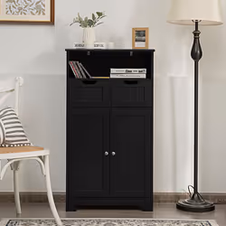 Bathroom Floor Cabinet Wooden Storage Cupboard With Adjustable Shelf & Doors