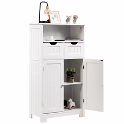 Bathroom Floor Cabinet Wooden Storage Cupboard With Adjustable Shelf & Doors